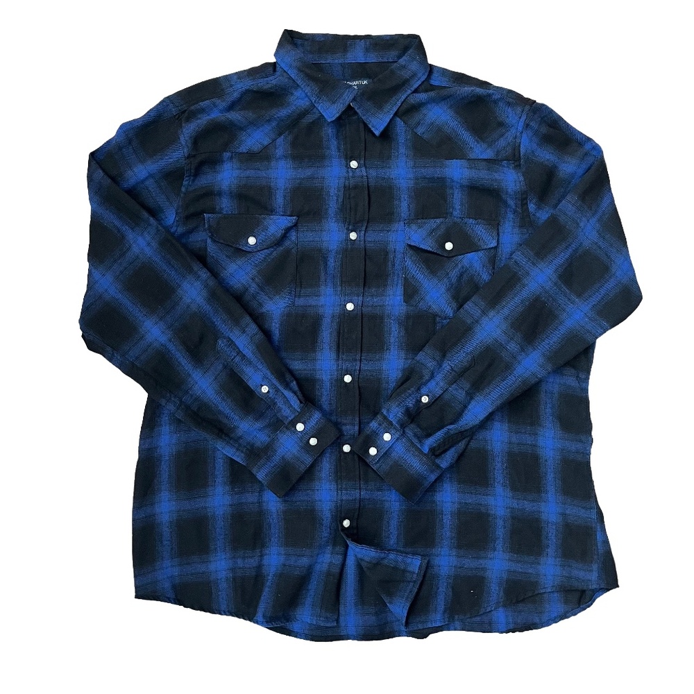 Pashartuk Mens Size 2XL Plaid Flannel Shirt Blue Black‎ Pearl Snap Button Up